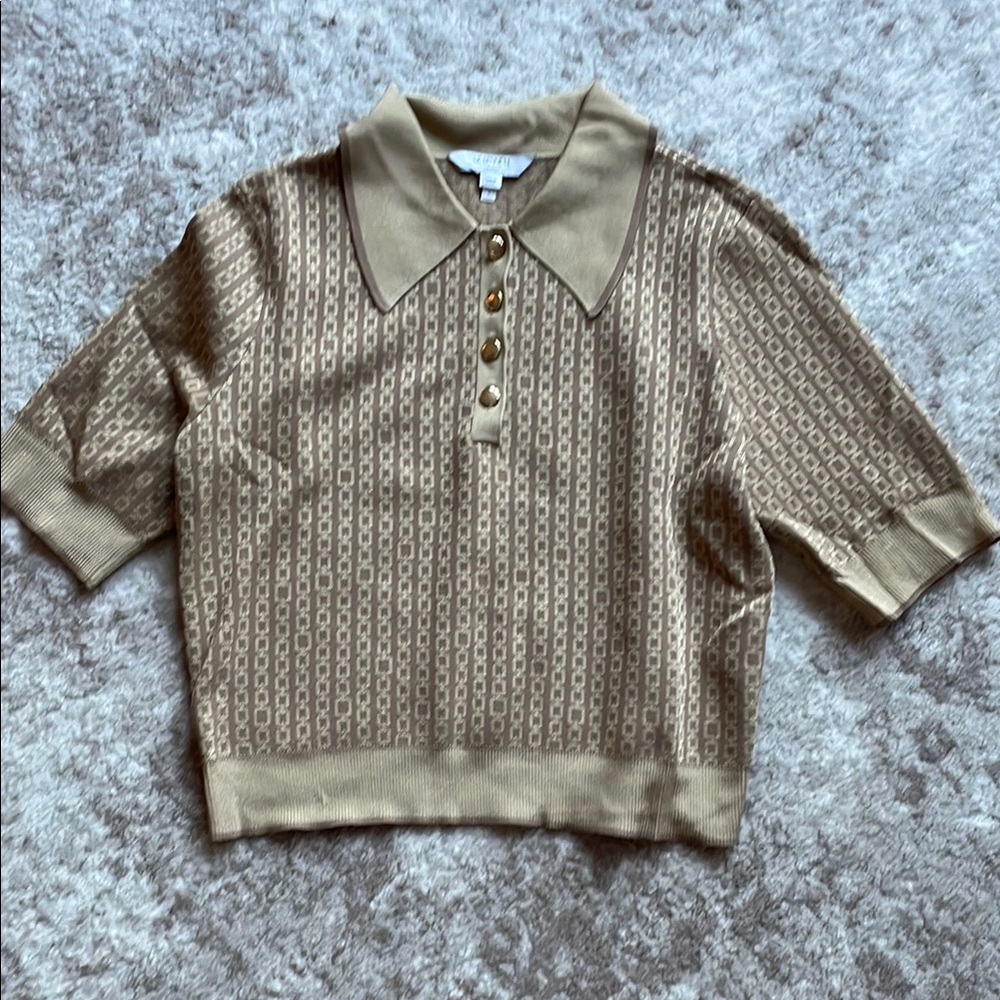 LK Bennett Gold and Brown Boxy Button Down Shirt with Polo Collar